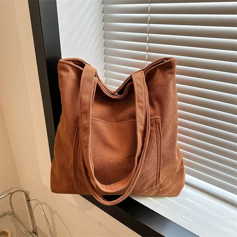 Women Corduroy Tote Bag Large Capacity Vintage Casual Shoulder Bag Solid Color Literary Mori Style Daily Commute Handbag