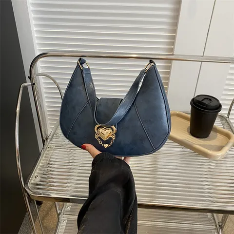 Vintage PU Leather Underarm Bag For Women Half Moon Hobo Shoulder Bag With Heart Buckle And Chain Decor Commute Handbag