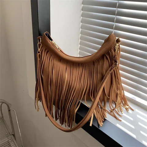 Bolso de Hombro Vintage de Gamuza Sintética para Mujer Bolso Hobo Bohemio con Borlas Color Sólido Gran Capacidad Bandolera para Viaje Diario