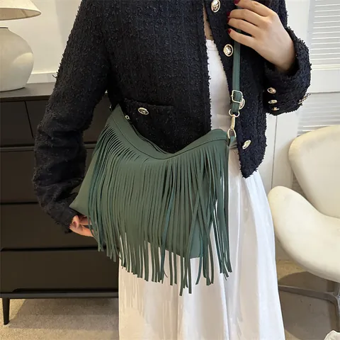 Bolso de Hombro Vintage de Gamuza Sintética para Mujer Bolso Hobo Bohemio con Borlas Color Sólido Gran Capacidad Bandolera para Viaje Diario