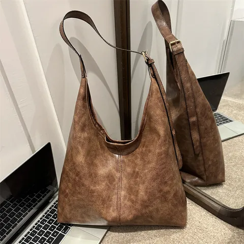 Bolso Tote de Cuero PU Vintage para Mujer Gran Capacidad Color Sólido Bolso de Hombro Hobo Casual de Diario