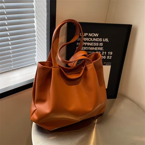 Vintage Minimalist PU Faux Leather Large Capacity Tote Bag For Women Casual Commuting Shoulder Bag With Lychee Texture