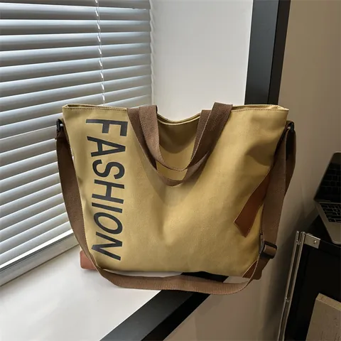 Fashion Large Capacity Canvas Tote Bag For Women Casual Commuting Shoulder Bag With Leather Patch Letter Print Handbag