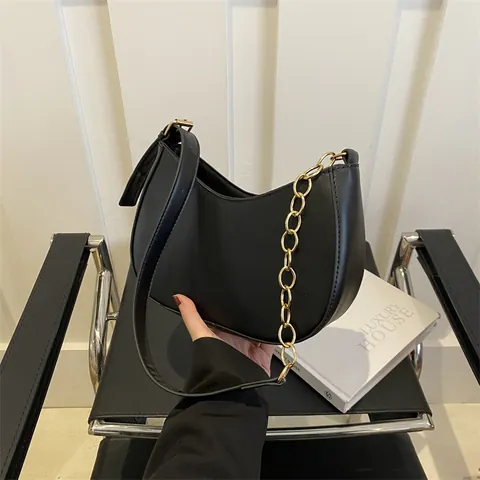 Minimalist PU Leather Hobo Underarm Bag For Women With Gold Chain Strap Vintage Solid Color Crescent Shoulder Bag
