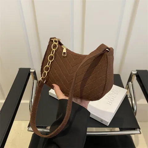 Women Fashion Felt Underarm Bag Minimalist V-Stitched Shoulder Bag With Gold Metal Chain Strap Solid Color Zipper Baguette Bag