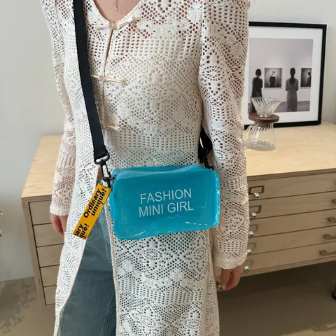 Borsa da Donna alla Moda in PVC Trasparente Jelly Bag con Stampa di Lettere Mini Borsa a Tracolla Piccola Borsa a Spalla Quadrata Handbag Street Style