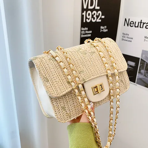 Borsa a Tracolla da Donna in Paglia Intrecciata Con Ricamo Floreale Catena Dorata Piccola Borsa a Spalla Estiva da Spiaggia