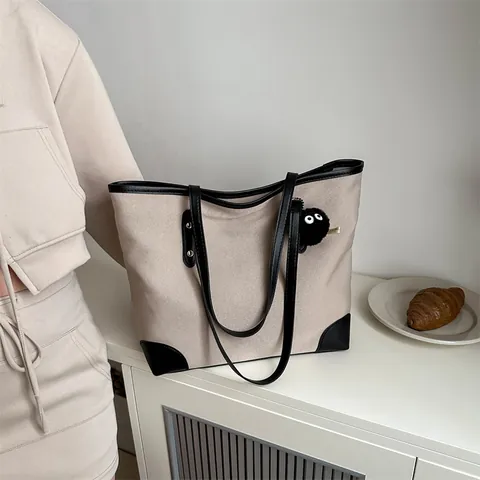 Women Large Capacity Canvas Tote Bag Contrast Leather Trim Minimalist Commuter Shoulder Handbag Korean Fashion Top Handle Purse