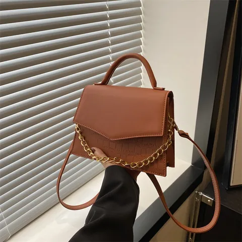 Women Fashion PU Leather Crossbody Bag With Chunky Gold Chain Decoration Crocodile Pattern Handbag Flap Square Shoulder Bag