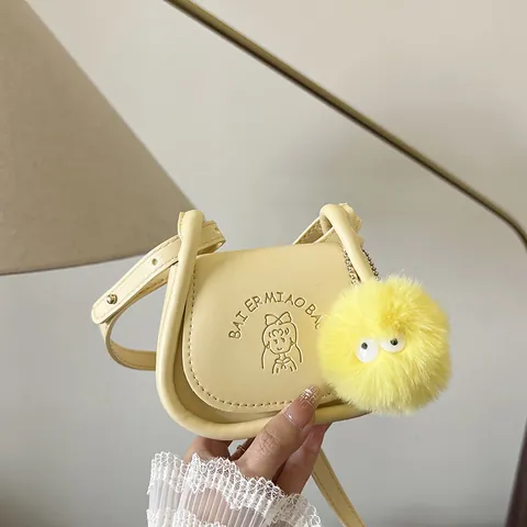 Women Retro PU Leather Saddle Crossbody Bag With Pom Pom Charm Cartoon Girl Embossed Mini Shoulder Bag Casual Handbag