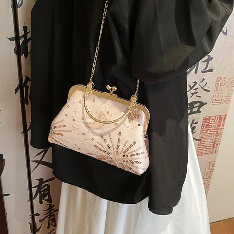 Vintage Pailletten Stickerei Abendtasche Für Damen Metallrahmen Clutch Mit Kettenriemen Elegante Party Hochzeit Handtasche