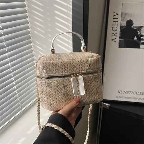 Borsa a Secchiello in Paglia Intrecciata da Donna Ricamo Floreale Borsa a Tracolla Piccola Borsa a Mano Per Vacanze Estive