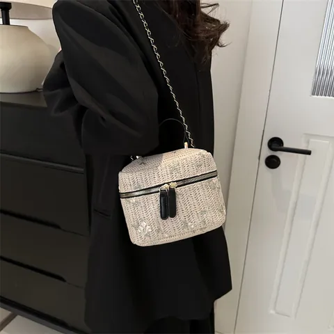 Borsa a Secchiello in Paglia Intrecciata da Donna Ricamo Floreale Borsa a Tracolla Piccola Borsa a Mano Per Vacanze Estive
