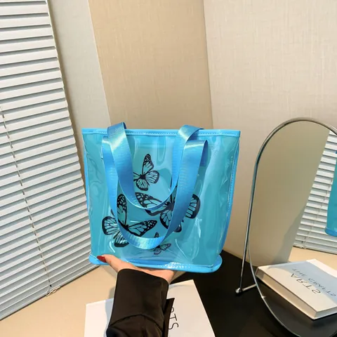 Bolso Tote de Jelly PVC Transparente con Estampado de Mariposa Gran Capacidad Impermeable para Playa Verano Mujer
