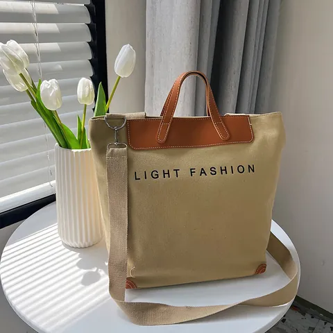 Women Fashion Canvas Tote Bag Large Capacity Commuting Shoulder Bag With Leather Handles Light Fashion Letter Print