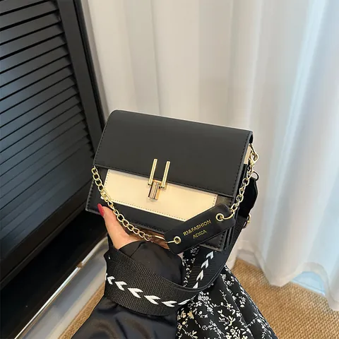 Fashion Color Block PU Leather Small Square Crossbody Bag Retro Women Shoulder Bag With Wide Strap Chain Decor