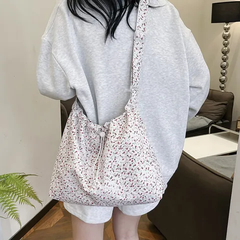 Women Floral Print Drawstring Tote Bag Canvas Large Capacity Shoulder Bag Casual Fresh Crossbody Handbag Everyday Bag