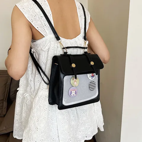 Women Fashion Ita Bag PU Leather Convertible Backpack Shoulder Bag With Transparent Window Casual Daily Travel School Bag