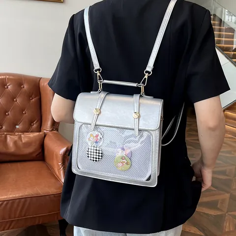 Women Fashion Ita Bag PU Leather Convertible Backpack Shoulder Bag With Transparent Window Casual Daily Travel School Bag