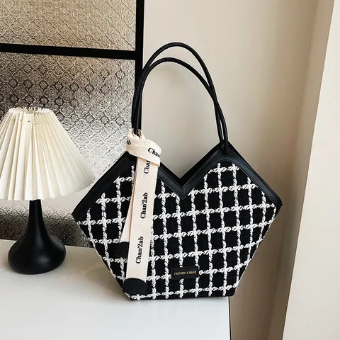 Borsa Tote da Donna a Grande Capacità in Tweed a Griglia Con Decorazione in Nastro Elegante Borsa a Tracolla Per Ufficio Quotidiano