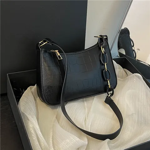 Sac Sous Le Bras pour Femmes Motif Crocodile Sac à Épaule Décontracté en Cuir PU Avec Chaîne en Résine Et Métal