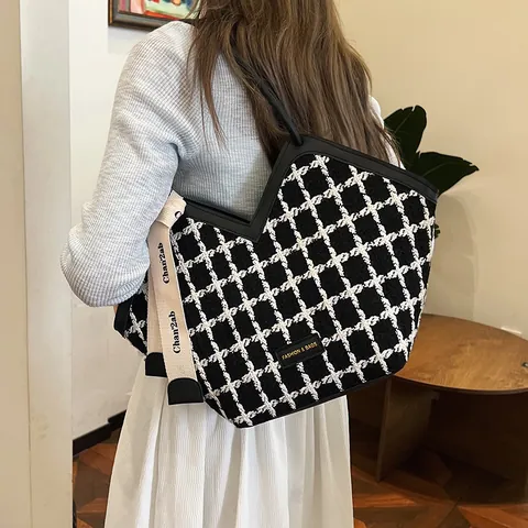 Borsa Tote da Donna a Grande Capacità in Tweed a Griglia Con Decorazione in Nastro Elegante Borsa a Tracolla Per Ufficio Quotidiano