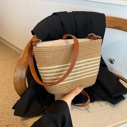 Damen Sommer Stroh Gewebt Streifen Umhängetasche Mit PU Lederband Lässige Strand Urlaub Eimer Schultertasche Handtasche