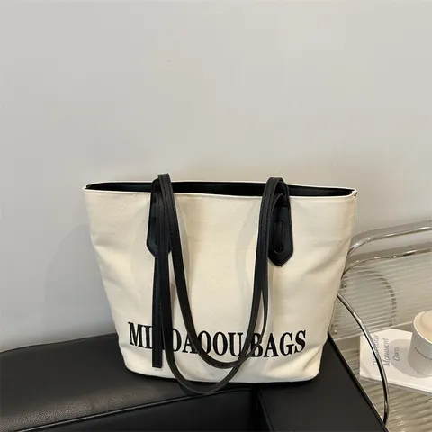 Borsa Toté in Tela da Donna di Grande Capacità Stampa di Lettere Minimalista Borsa a Tracolla per Università Pendolarismo Casual