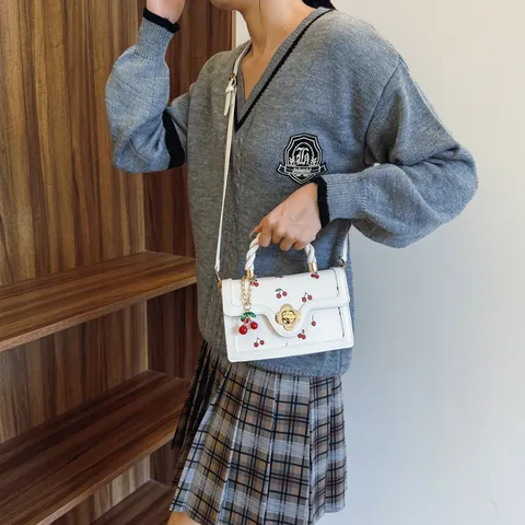 Women Sweet Cherry Print PU Leather Handbag Fashion Flower Lock Crossbody Bag With Braided Handle Sweet Small Square Bag