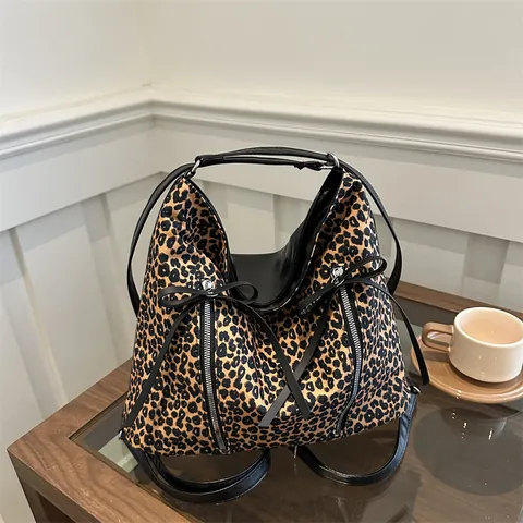 Leopard Print Tote Bag For Women Large Capacity Canvas Shoulder Bag With Bow Zipper Decor Fashion Vintage Casual Handbag