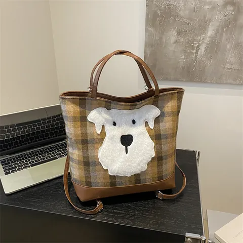 Borsa Tote a Quadretti Carina per Donna Moda Cartone Animato Ricamo Patchwork Borsa a Tracolla Pendolare Quotidiana