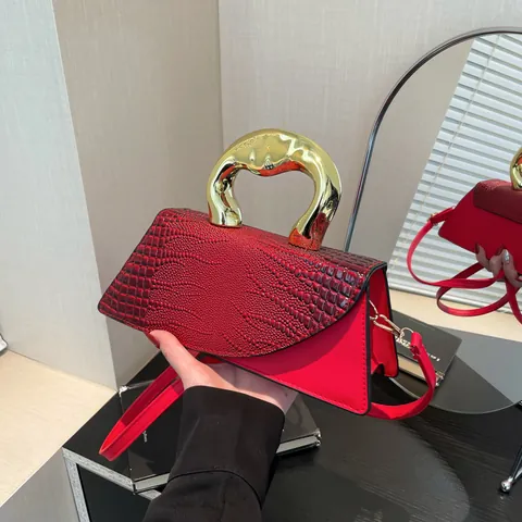 Women Fashion PU Leather Crocodile Pattern Shoulder Bag With Irregular Gold Metal Handle Small Square Crossbody Bag Handbag