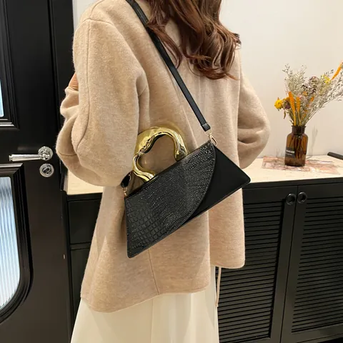 Women Fashion PU Leather Crocodile Pattern Shoulder Bag With Irregular Gold Metal Handle Small Square Crossbody Bag Handbag