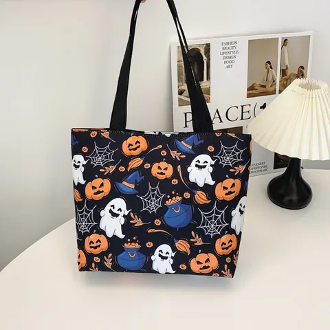 Women Halloween Print Tote Bag Large Capacity Funny Pumpkin Ghost Pattern Shoulder Bag Holiday Party Gift Fabric Handbag