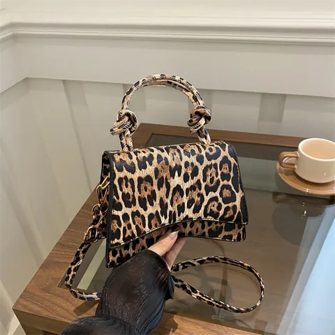 Leopard Print PU Leather Small Square Bag For Women Vintage Luxury Hourglass Curved Bottom Handbag With Knot Handle