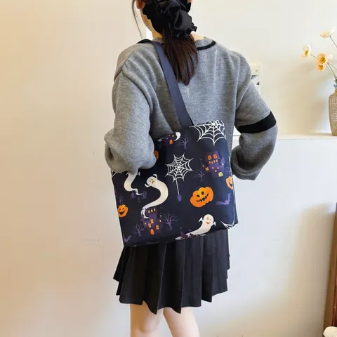 Women Halloween Print Tote Bag Large Capacity Funny Pumpkin Ghost Pattern Shoulder Bag Holiday Party Gift Fabric Handbag