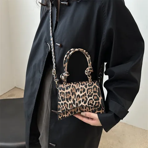 Leopard Print PU Leather Small Square Bag For Women Vintage Luxury Hourglass Curved Bottom Handbag With Knot Handle