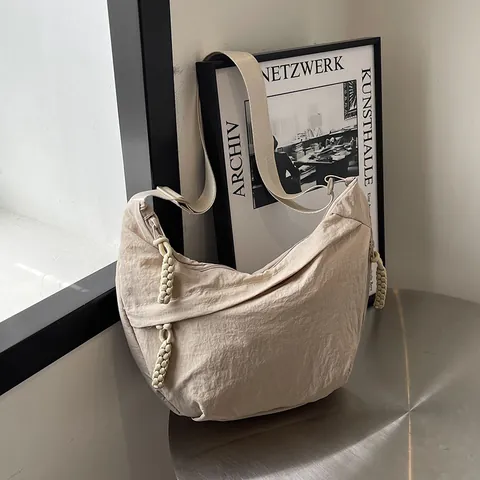 Women's Large Capacity Nylon Half Moon Crossbody Bag Minimalist Japanese Style Dumpling Shoulder Bag With Braided Zipper Puller