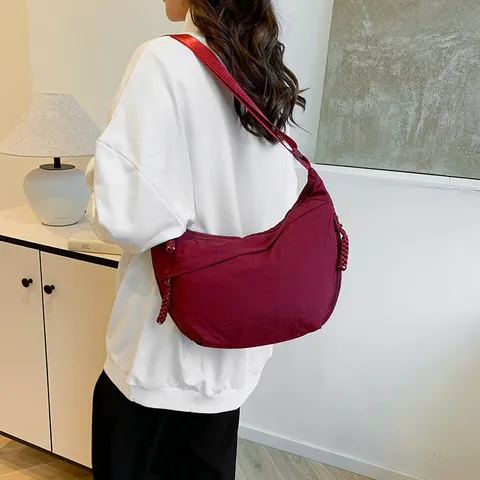 Women's Large Capacity Nylon Half Moon Crossbody Bag Minimalist Japanese Style Dumpling Shoulder Bag With Braided Zipper Puller