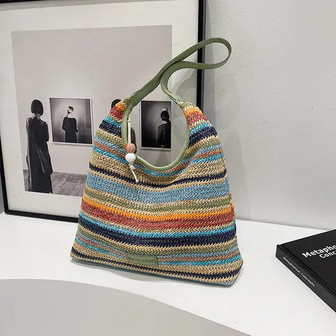 Women Bohemian Multicolor Striped Straw Woven Tote Bag Casual Large Capacity Beach Holiday Shoulder Bag With Bead Decor