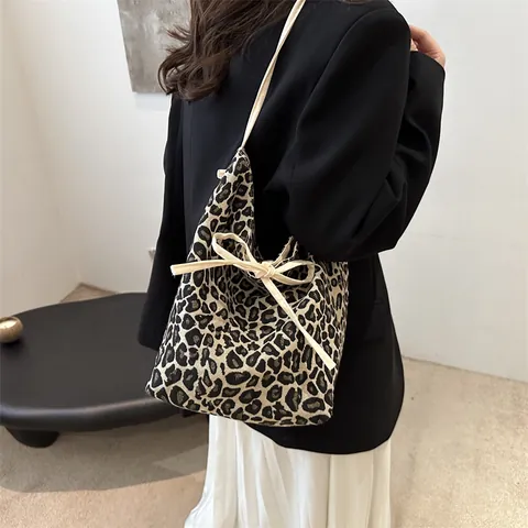 Korean Style Leopard Print Canvas Tote Bag For Women With Matching Pouch Fashion Drawstring Large Capacity Shoulder Bag