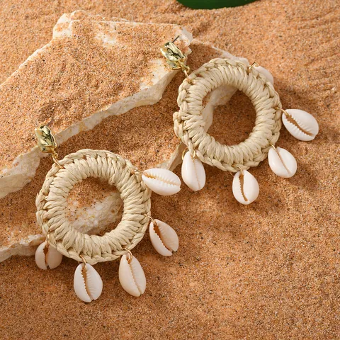 Bohemian Handwoven Raffia Rattan Circle Earrings With Natural Cowrie Shells Stainless Steel Earring Post Alloy Gold Disk Beach Holiday Jewelry