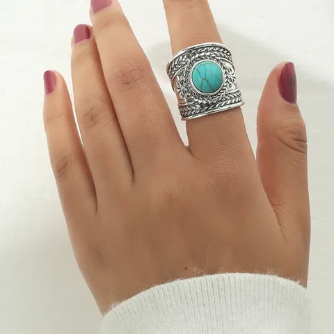 Vintage Bohemian Alloy Ring Synthetic Turquoise Inlaid Rhinestone Ethnic Adjustable Open Finger Ring Jewelry For Women Party Daily
