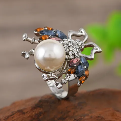 Anillo de Aleación Forma de Abeja Vintage Con Imitación de Perla Artificial Strass Cristal Artificial Colorido Incrustado Anillo Acabado Plateado Joyería Mujer Regalo