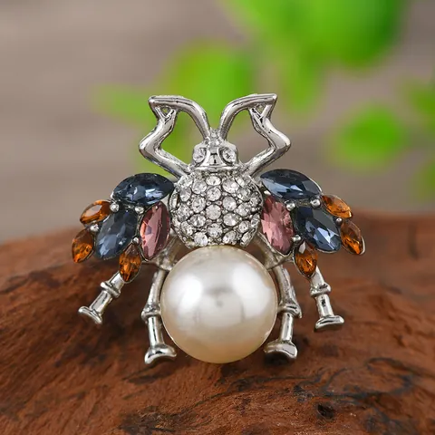 Anillo de Aleación Forma de Abeja Vintage Con Imitación de Perla Artificial Strass Cristal Artificial Colorido Incrustado Anillo Acabado Plateado Joyería Mujer Regalo