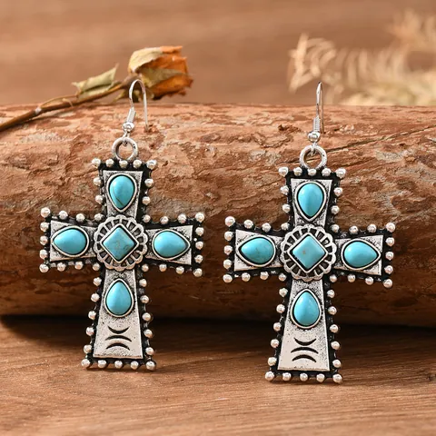 Boho Vintage Kreuz Ohrhänger Für Damen Antiksilber Legierung Künstlicher Türkis Ethno Stil Schmuck Geschenk
