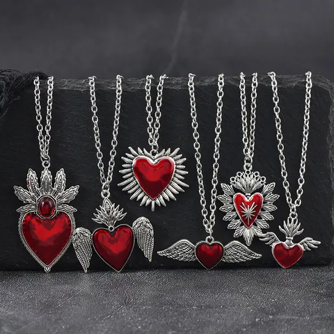 Gothic Vintage Red Heart Pendant Necklace For Women Antique Silver Wings Crown Sacred Heart Punk Jewelry Halloween Gift