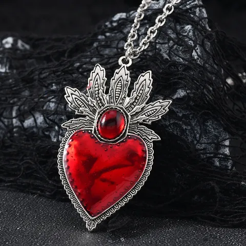 Gothic Vintage Red Heart Pendant Necklace For Women Antique Silver Wings Crown Sacred Heart Punk Jewelry Halloween Gift