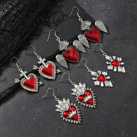 Gothic Red Heart Drop Earrings For Women Antique Silver Alloy Coffin Cross Angel Wings Sacred Heart Halloween Jewelry With Stainless Steel Post
