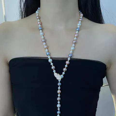 Elegant Long Imitation Pearl Sweater Chain Necklace For Women Alloy Leaf Camellia Flower Pendant Inlaid Rhinestones Multi-Color Bead Jewelry Gift